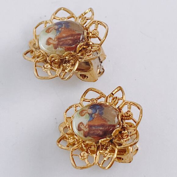 VTG Mid Century Gold Tone Filigree Clip On Earrings Transfer Art Print Glass 60s - Picture 11 of 11